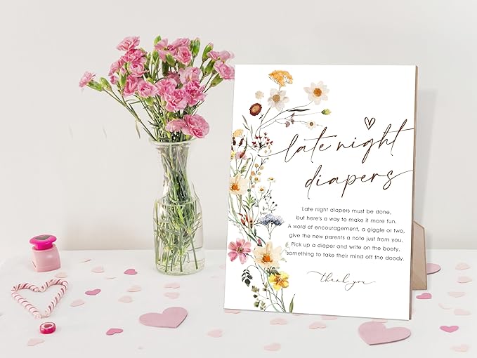 Flower Baby Shower Games Late Night Diapers Sign, Baby Shower Table Decorations for Gender Reveal Party, Centerpiece Party Decorations, Gender Reveal Gifts, 6X8 Inch Wooden Sign with Stand, 8