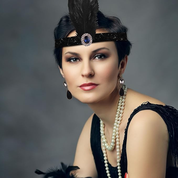 FEPITO 8-Piece 1920s Flapper Great Gatsby Accessories Set - Fashion Roaring 20's Theme with Headband, Headpiece, Long Black Gloves, Necklace, Earrings for Women