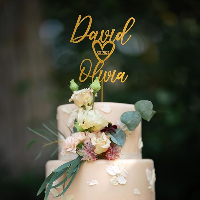 Noni Luxury Personalized Wedding Cake Topper with date and hear, Custom Cake topper, Personalized Cake Topper, Gold Cake Topper wedding, Rustic Wedding Cake Topper, Mr and Mrs Topper for Wedding Cake