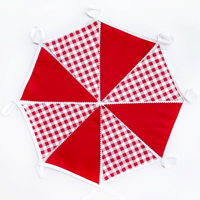 32Ft Red Gingham Party Decorations Red White Plaid Checkered Triangle Flag Pennant Fabric Garland for Birthday Baby Shower Carnival Picnic Pizza Hot Dog Farm Apple Italian Summer Party Supplies