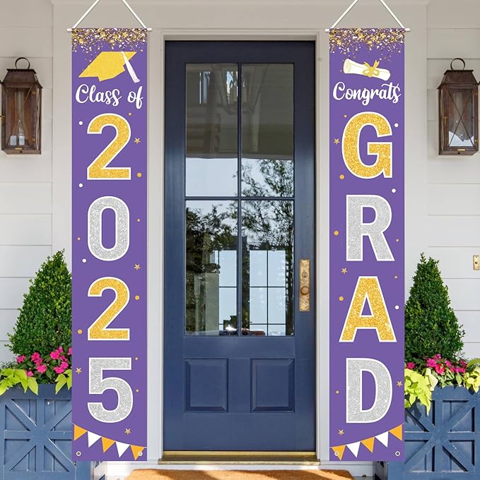 Graduation Decorations 2025 GRAD Banner Purple Porch Door Sign Welcome Banner For Indoor Outdoor Wall Graduation Decorations Class of 2025