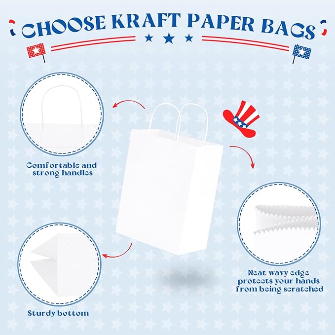 MESHA Gift Paper Bags 300 PACK 8x4.25x10.5'' White Medium Shopping Kraft Bags Bulk with HandlesReusable for Business Grocery Birthday Wedding Kids Party Favors(Made in USA)