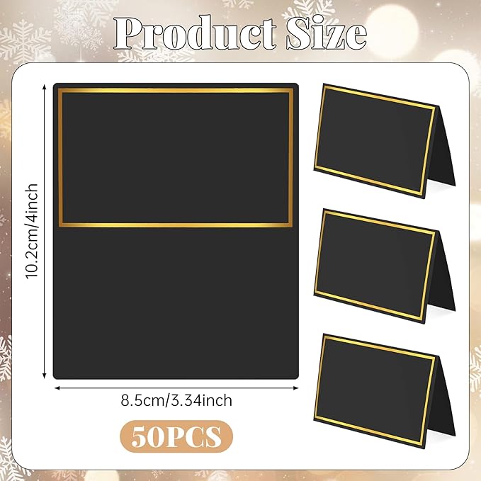 50Pcs Place Cards, Table Name Cards with Gold Foil, Place Card for Table Setting Food Labels for Party Buffet, Wedding Places Card Tent Carded for Dinner Parties,Events, Bridal Shower(Black)
