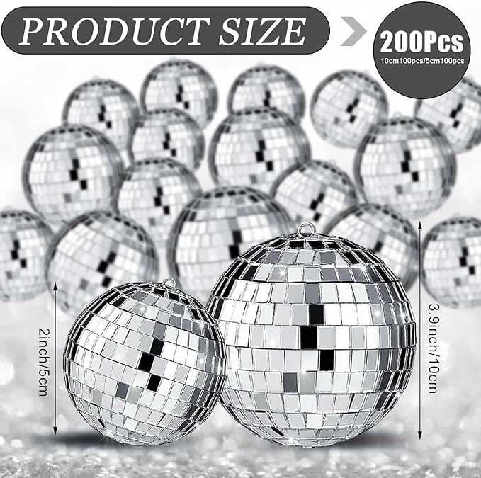 Hoolerry 200 Pcs Mini Mirror Disco Ball Ornaments Mardi Gras Small Silver Hanging Decorations Reflective Tiny Balls Bulk for 70s 80s 90s Disco Party, Christmas Tree(2'', 1'')