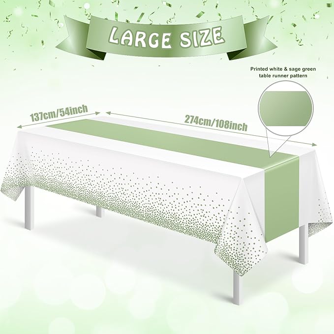 3Pcs White and Sage Green Tablecloth Decorations,Plastic White Table Cloth Printed Green Table Runner Disposable Rectangle Tables Cover for Birthday Wedding Anniversary Graduation Party,54 x108 Inch