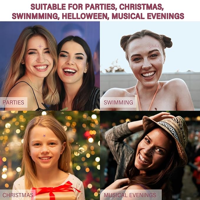 20 Pcs Rose Gold Makeup Patches, Glitter Freckles Face Tattoo, Easy Application and Remove Sparkle Makeup Patches, Waterproof Face Glitter Temporary Tattoos for Women