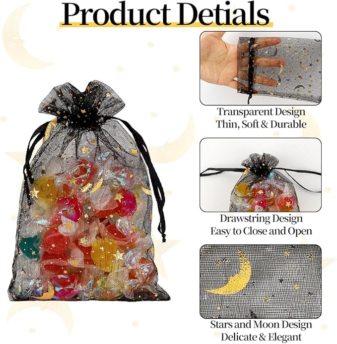 Moon Star Organza Bags 4x6 Small Mesh Bag Drawstring 50 Pcs Mesh Gift Bags Drawstring Pouch Wedding Favor Bags Jewelry Pouches Bulk Gift Pouch for Candy Soaps Birthday Festival Party Supplies, Black