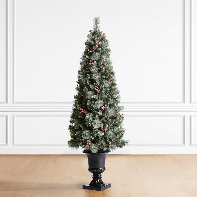 Glitzhome 2 Pack 6FT Pre-Lit Artificial Christmas Tree, Entrance Tree Frosted Pine Cones and Berries Christmas Porch Tree with 200 Warm White Lights for Front Door Porch Entryway Holiday Home Decor