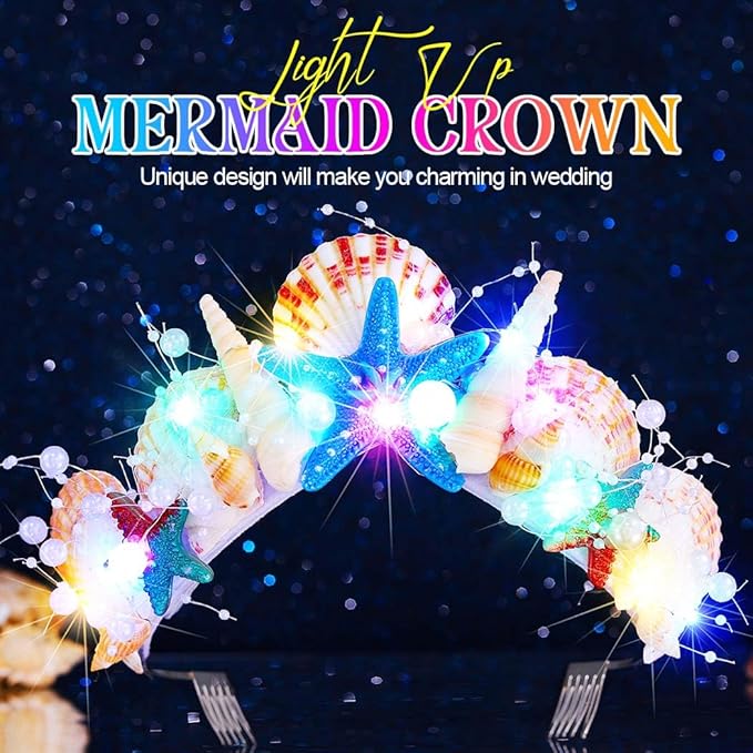 Kilshye Light Up Mermaid Crown Starfish Tiara Shell Beach Headband Hair Accessories for Women
