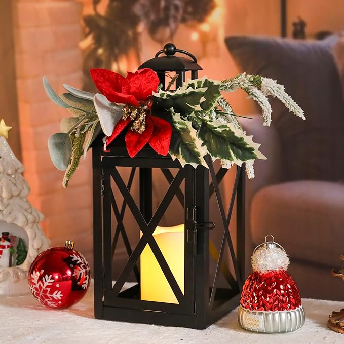 Christmas Lanterns Decorative Indoor, 2 Pack Christmas Lantern Outdoor, 12 Inch Decorative Candle Lanterns Flameless Light with Floral and Greenery for Table Centerpieces,Home, Porch Decor