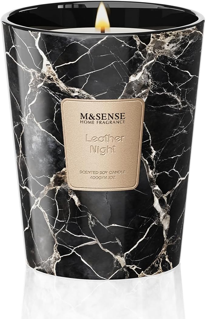 M&SENSE Leather Night Scented Candles for Home, 3 Wick Highly Scented Jar Candle, 14.1 Oz 80H Long Lasting Burning Christmas Candle for Women, Aromatherapy Candles for Holiday Christmas Gift