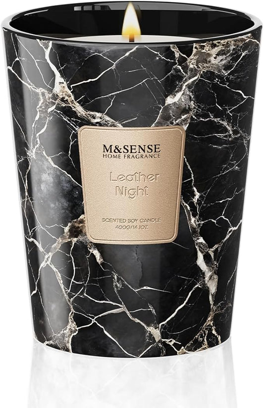 M&SENSE Leather Night Scented Candles for Home, 3 Wick Highly Scented Jar Candle, 14.1 Oz 80H Long Lasting Burning Christmas Candle for Women, Aromatherapy Candles for Holiday Christmas Gift