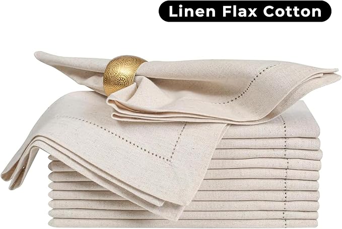 Homidate Linen Flax Cotton Cloth Dinner Napkins Set of 12 – 20x20 Natural Hemstitched Fabric – Machine Washable Elegant Reusable Table Napkins for Weddings, Parties & Dining Décor