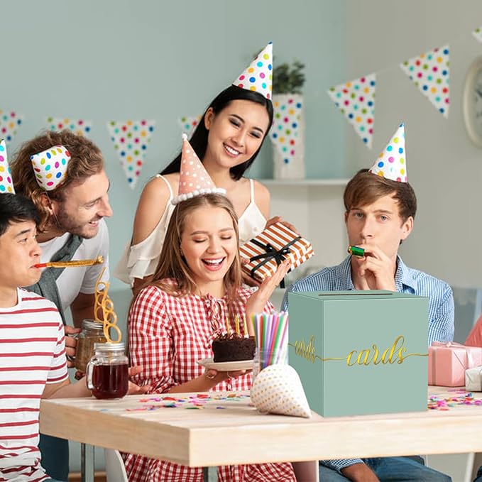 1 Pack Sage Green and Gold Foil Card Box for Party, 8.7" Sage Green Gift Card Box Money Box for Birthday, Wedding, Baby Shower, Retirement, Anniversary, Bridal Shower, Raffle Ticket