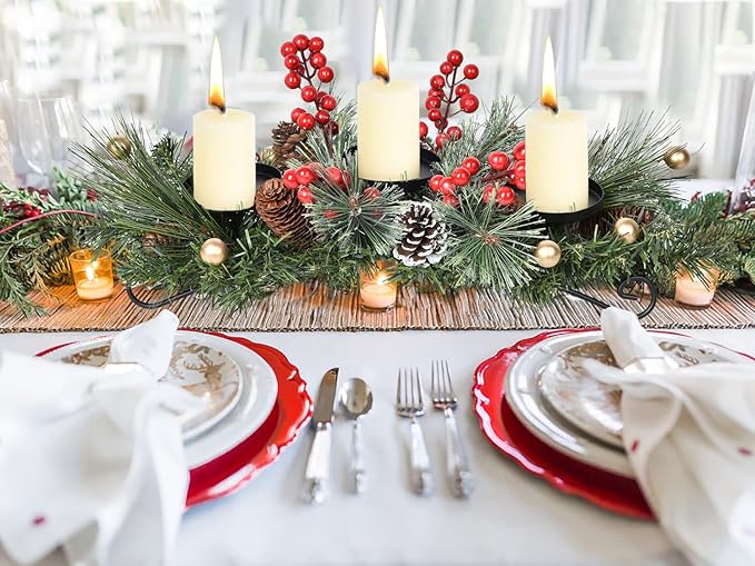 DearHouse Christmas Candle Holder Centerpiece, Pine Cones and Red Gold Berry Table Centerpiece with 3 Candle Holders Table Accent Centerpiece for Festival Home Decoration22 x10 x5(L x W x H)
