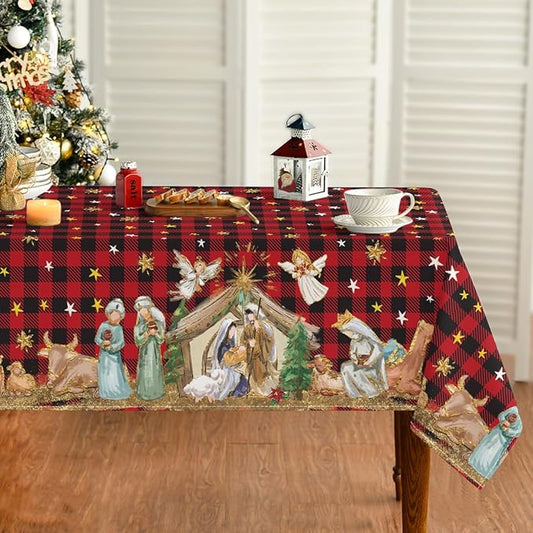 Horaldaily Christmas Tablecloth 60×60 Inch, Holy Nativity Red Buffalo Plaid Washable Table Cover for Party Picnic Dinner Decor