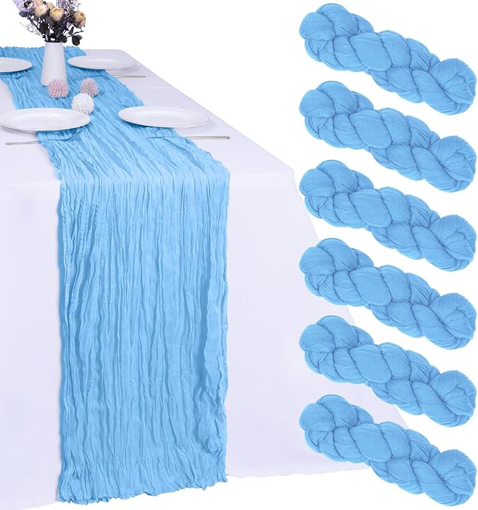 6 Pack Baby Blue Cheesecloth Table Runner 10FT Boho Gauze Fabric Table Runner 35 x 120 Inch Rustic Sheer Runner for Centerpiece Wedding Decor Baby Shower Party Boho Table Decoration