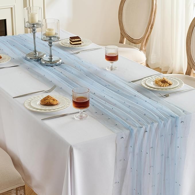 Fanami 1 Pack Pearl Table Runner -10FT Dusty Blue Boho Tulle Table Runners 120 Inches Long Rustic Sheer Lace Fabric Centerpieces for Wedding Arch Birthday Party Bridal Veil Baby Shower Decorations