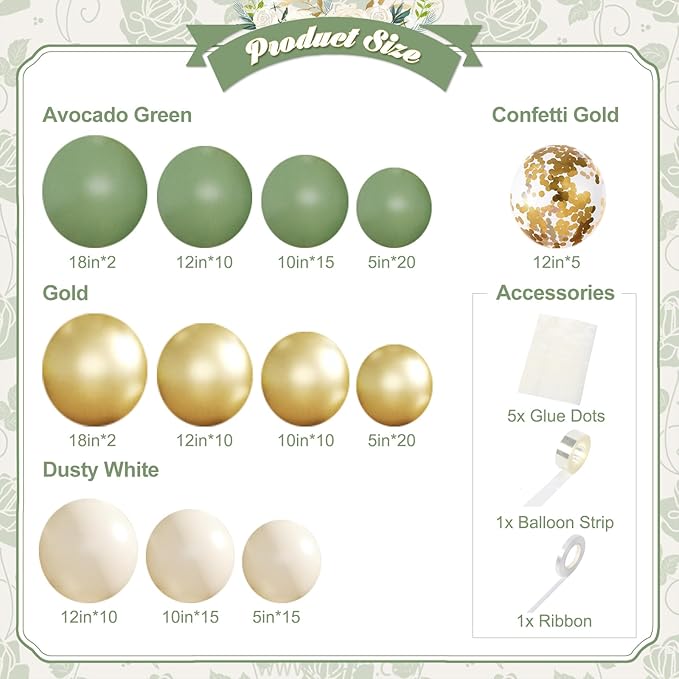 Sage Green and Gold Balloon Arch Kit, 134pcs Dusty White Metallic Gold Confetti Balloons Garland Kits for Birthday Wedding Baby Shower Bridal Party Anniversary Decorations