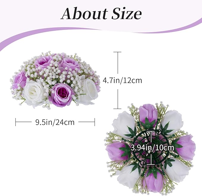 BLOSMON Fake Flowers Ball Wedding Centerpieces 10 Pcs Lilac Rose Babys Breath Artificial Flowers Center Pieces Decoration for Table Silk Kissing Floral Bouquet Arrangements for Home Party DIY Decor