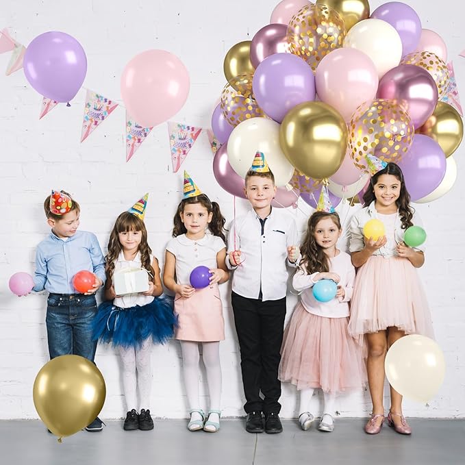 Pink and Purple Balloons,12 Inch Metallic Pink Light Purple White and Gold Baloons with Confetti Balloon for Girls Birthday Baby Shower Wedding Bridal Shower Party Decorations