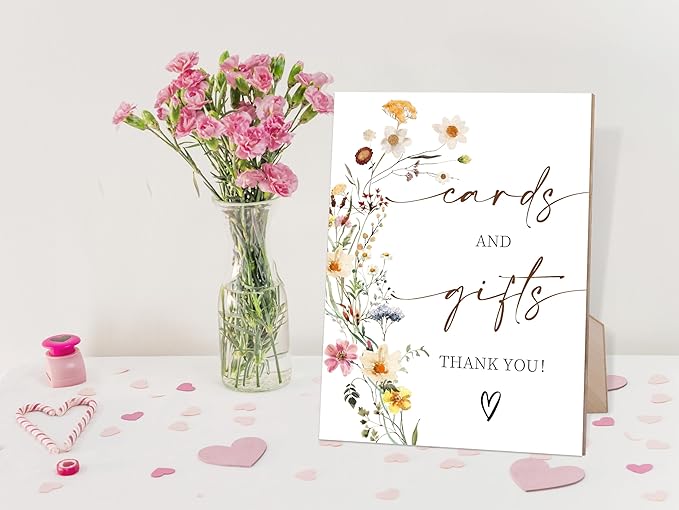 Flower Cards and Gifts Sign, Wedding Decorations for Reception, Bridal Shower Party Decor, Table Centerpieces for Party, Wedding Guest Gifts, 6X8 Inch Wooden Bridal Shower Signs with Stand, 16