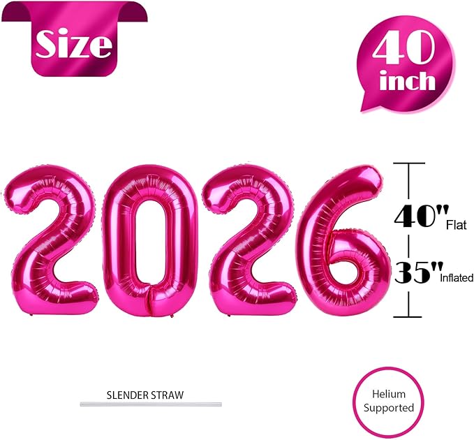 Hot Pink 2026 Number Balloon, Number Balloons 40 Inch, 2026 Balloon Number Birthday Decorations, Birthday Party Supplies