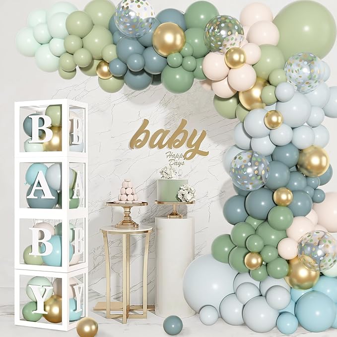 153Pcs Dusty Blue Green Balloons Baby Shower Decorations, Haze Fog Blue Mist Sage Green Balloon Arch Kit Baby Boxes with Letters (A-Z+Baby) for Baby Shower Boho Birthday Gender Reveal Party Supplies
