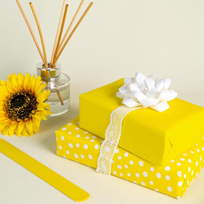 WRAPAHOLIC Reversible Wrapping Paper - Mini Roll - 17 Inch X 33 Feet - Yellow and Delicate Polka Dots Design for Birthday, Holiday, Wedding, Baby Shower