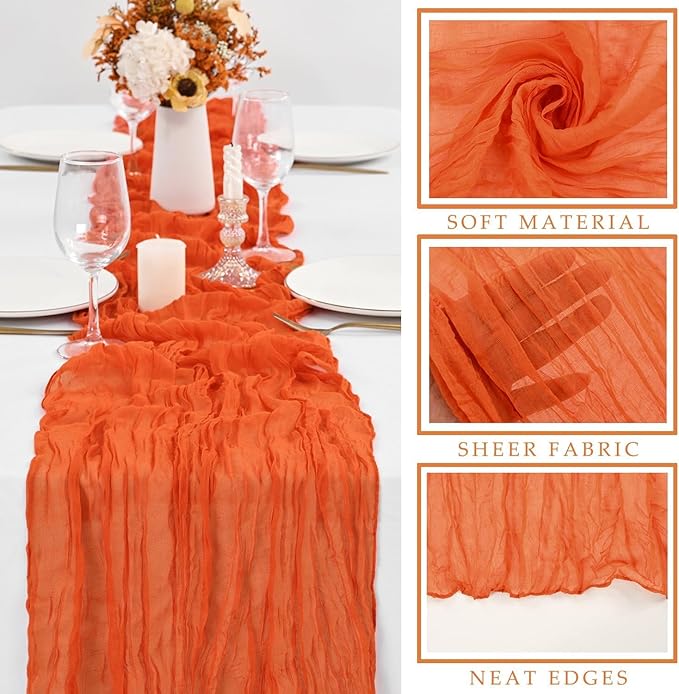 12 Pack Cheesecloth Table Runner, 35 x 120 Inch Boho Orange Cheese Cloth Table Runner 10 ft Gauze Table Runners for Wedding Fall Thanksgiving Christmas Decor