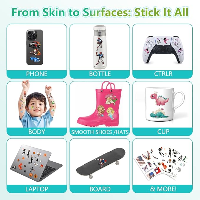 350+ Themed Designs Temporary Tattoos for Kids - Individually Wrapped, Glow in the Dark, Waterproof Fake Tattoos - Multiple Themes: Mermaid, Dinosaur, Unicorn, Baseball, Princess, Soccer, Ocean, Fairy