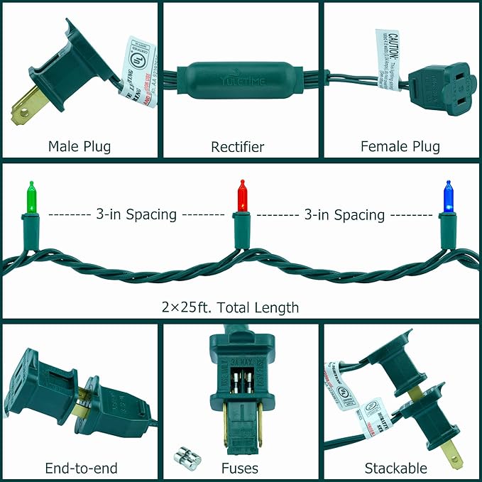 YULETIME Multicolor LED Christmas Lights 200 Count 50 ft, Pack of 2 Strands 25 ft 100 Lights UL Certified String Light Set (Multicolor)