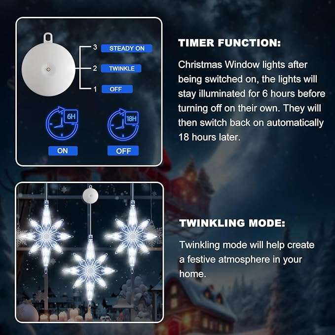 3Pcs Christmas Window Lights Decorations with Timer,Battery Powered Christmas Window Hanging White Lighted Lucky Star Shaped LED Sucker Lamp for Xmas Tree Fireplace Window Indoor Outdoor Decor