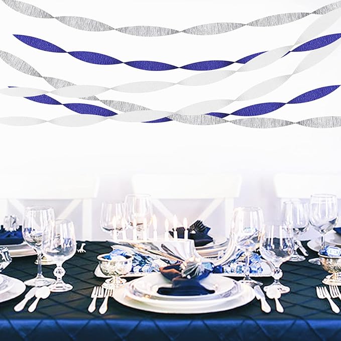 Navy-Blue White- Silver Crepe Paper Streamers - 9 Rolls Royal Blue Graduation 2025 Men Boy Birthday Party Decorations Streamer Wedding Bridal Shower Paper Garland Fathers Day Decor Panduola