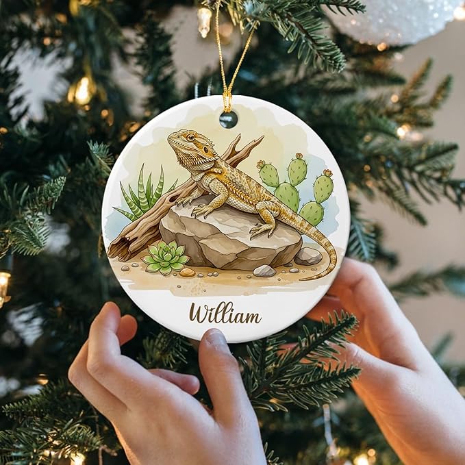 Personalized Bearded Dragon Ceramic Ornament, Reptile Animal Keepsake Gift for Men Women Lizard Lovers, Custom Pet Bearded Dragon Christmas Ornament with Name, Novelty Lizard Xmas Tree Decoration