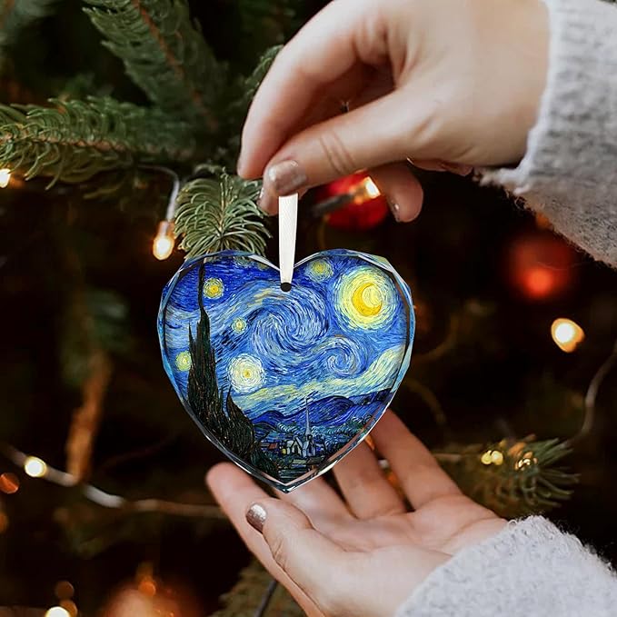 Starry Night Heart Christmas Ornaments, Crystal Glass Art Ornament for Tree, Elegant Artist Ornament Gift with Gift Box, Romantic Heart Ornaments for Christmas Tree Decoration