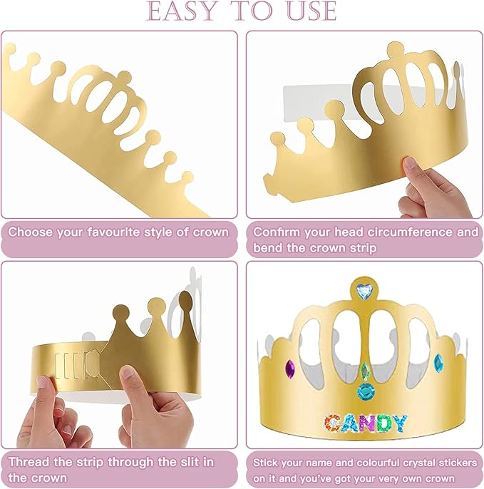 ZYNERY 47 PCS Golden Birthday Crowns with DIY Stickers Kit Paper Crown Party Hats for Kids Classroom School,Prince Princess Birth Decor Gift