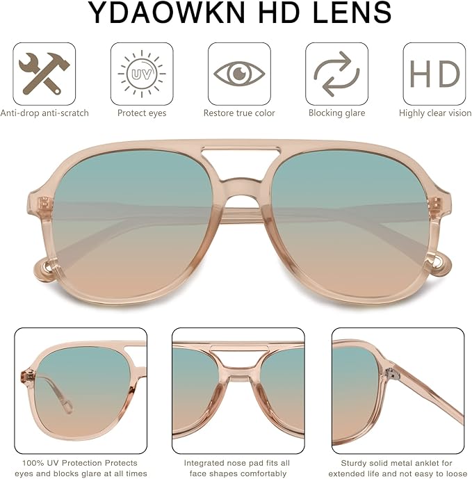 YDAOWKN Retro Square Aviator Sunglasses for Womens Mens Vintage 70s Double Bridge Sun Glasses