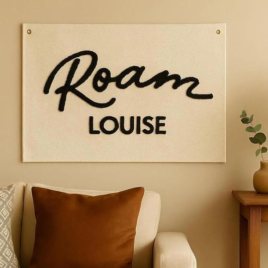 Personalized Baby Name Embroidered Banner, Custom Hand Embroidered Canvas Wall Hanging, Customized Nursery Name Sign Flag Pennant for Kids Room Baby Shower Birthday Party Gift Backdrop Boho Decor