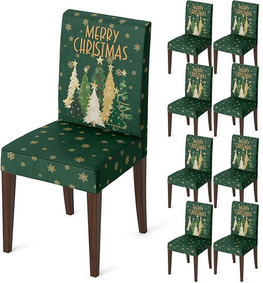 Horaldaily 8PCS Christmas Dining Green Chair Covers, Christmas Pine Tree Stars Stretch Removable Washable Slipcover Chair Protector for Dining Room Home Decor