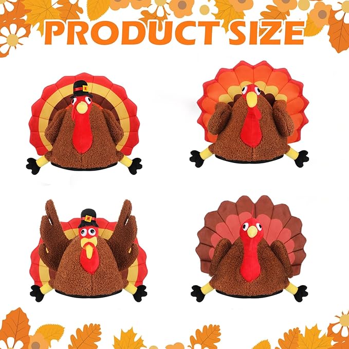 Poen 12 Pcs Turkey Hats - Silly Costume Hats for Thanksgiving, Carnival, Cosplay & Party Favor Supplies, 4 Styles