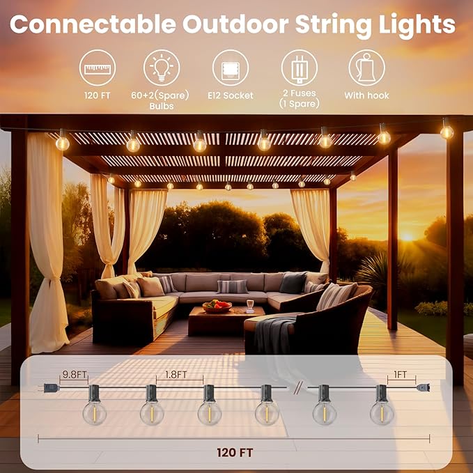 RTTY Outdoor String Lights 120ft, G40 Led Patio Globe Lights with 62pcs Bulbs,Shatterproof Waterproof Connectable Hanging for Porch Cafe Bistro Backyard Gazebo Balcony Deck Party