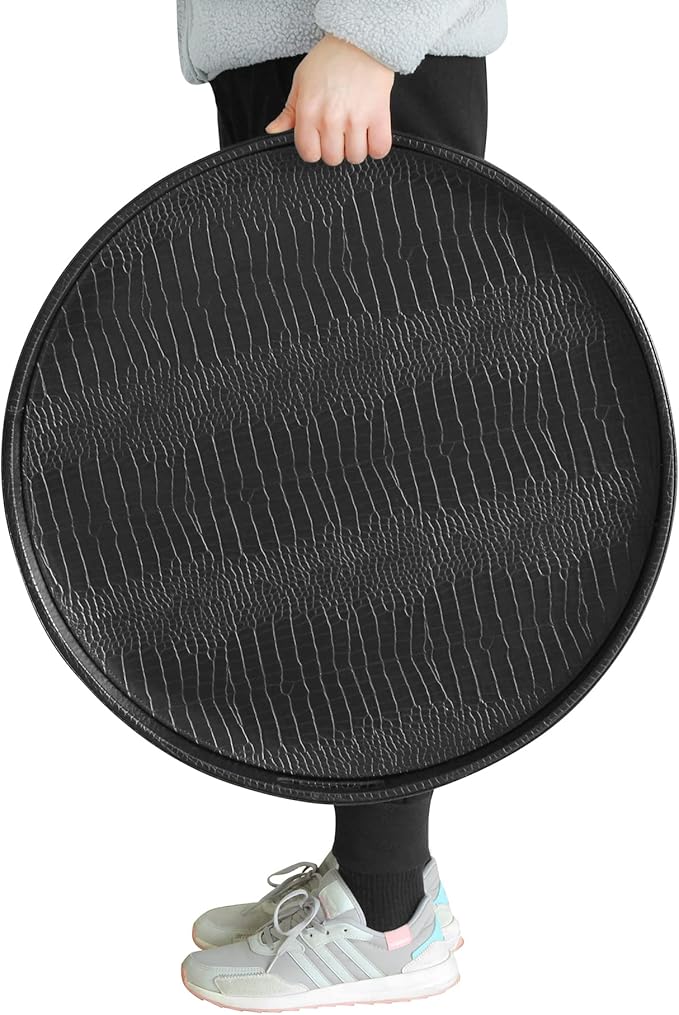 HofferRuffer Extra Large Round Serving Tray, Elegant Faux Leather Circle Ottoman Table Tray with Handles, Serve Tea, Coffee or Breakfast in Bed, Diameter 23.6 x 2.4 inches Height (Black)