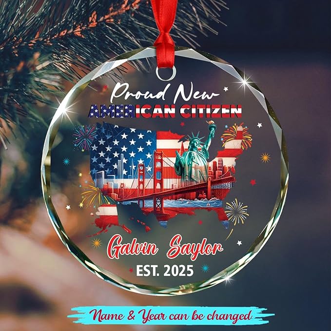 Proud New American Citizen Glass Xmas Ornament 2025, Personalized Year Name Congrats Citizenship Celebration Keepsake Ornaments, Custom NYC Cityscape Christmas Ornament Gift for US Lovers Citizenship