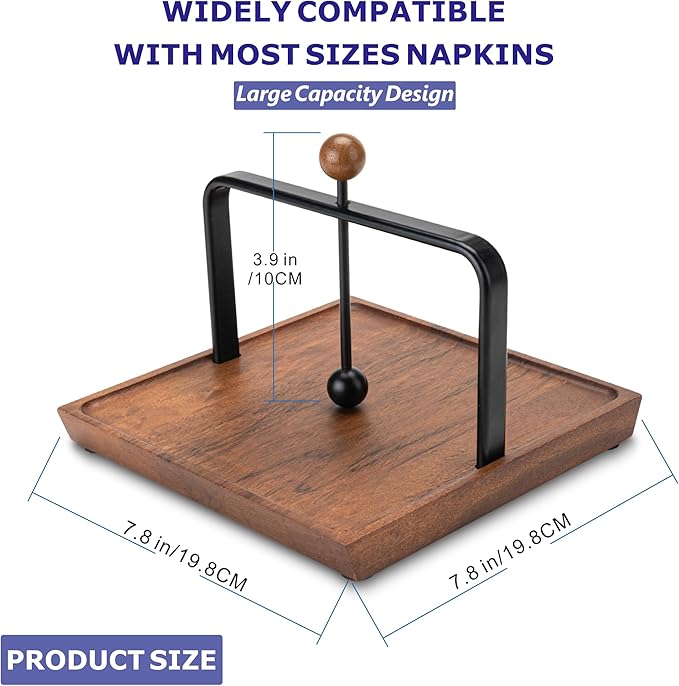 Stylish Wooden Napkin Holder with Weighted Arm – Perfect for Paper Napkins, Cocktail Napkins – Elegant Design for Kitchen, Dining Table, Café, and Bar