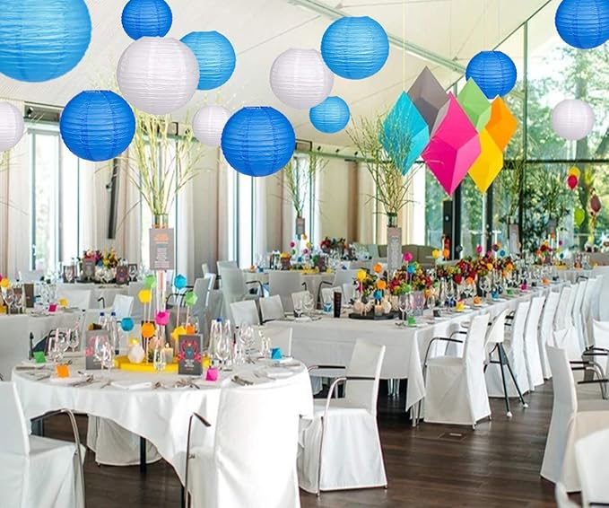 24pcs Hanging Round Paper Lanterns for Wedding Birthday Party Baby Showers Decoration Blue/White