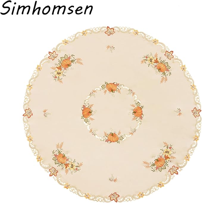 Simhomsen Embroidered Fall Autumn Harvest Pumpkins Tablecloth for Thanksgiving (Round 70 inches)