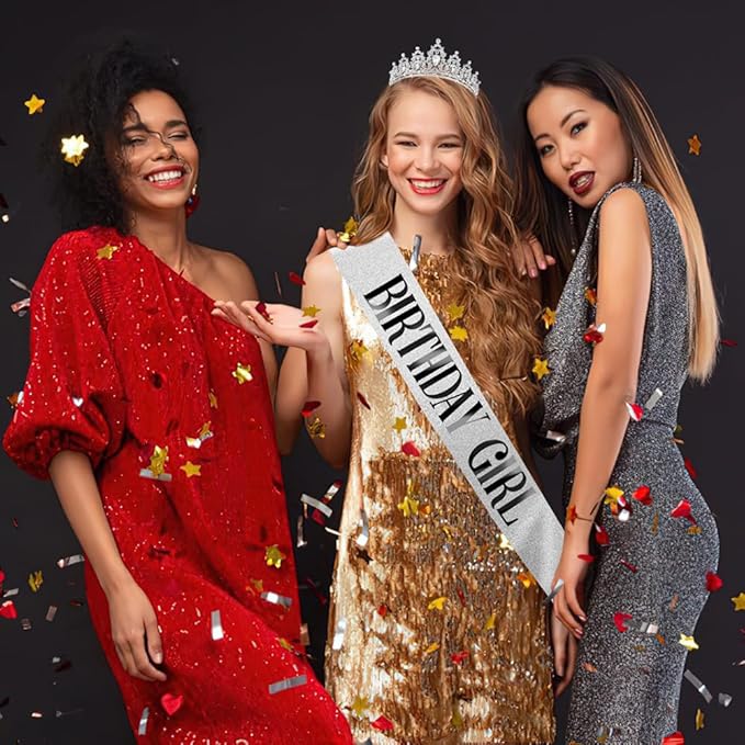 Silver Birthday Crown Headband with Sash for Women - Rhinestone Tiara for Birthday Parties