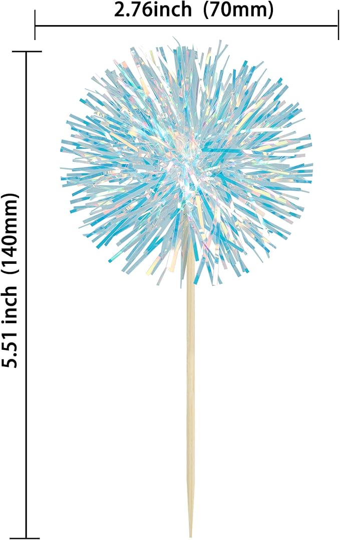 Ephlyn 30Pcs Foil Firework Cupcake Toppers Party Birthday Cake Toppers Supplies Sparkle Tinsel Cocktail Fruit Toothpick for Birthday Wedding Graduation Party Blue