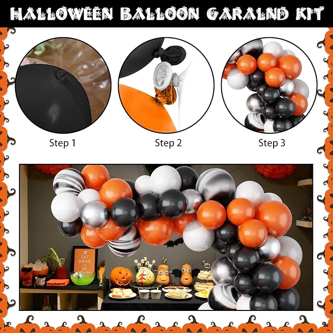 Black Orange and Silver Balloon Garland Arch Kit, Black Orange White Metallic Silver with Agate Balloon Arch Kit for Kids Halloween Theme Birthday Graduation Party Decorations Supplies